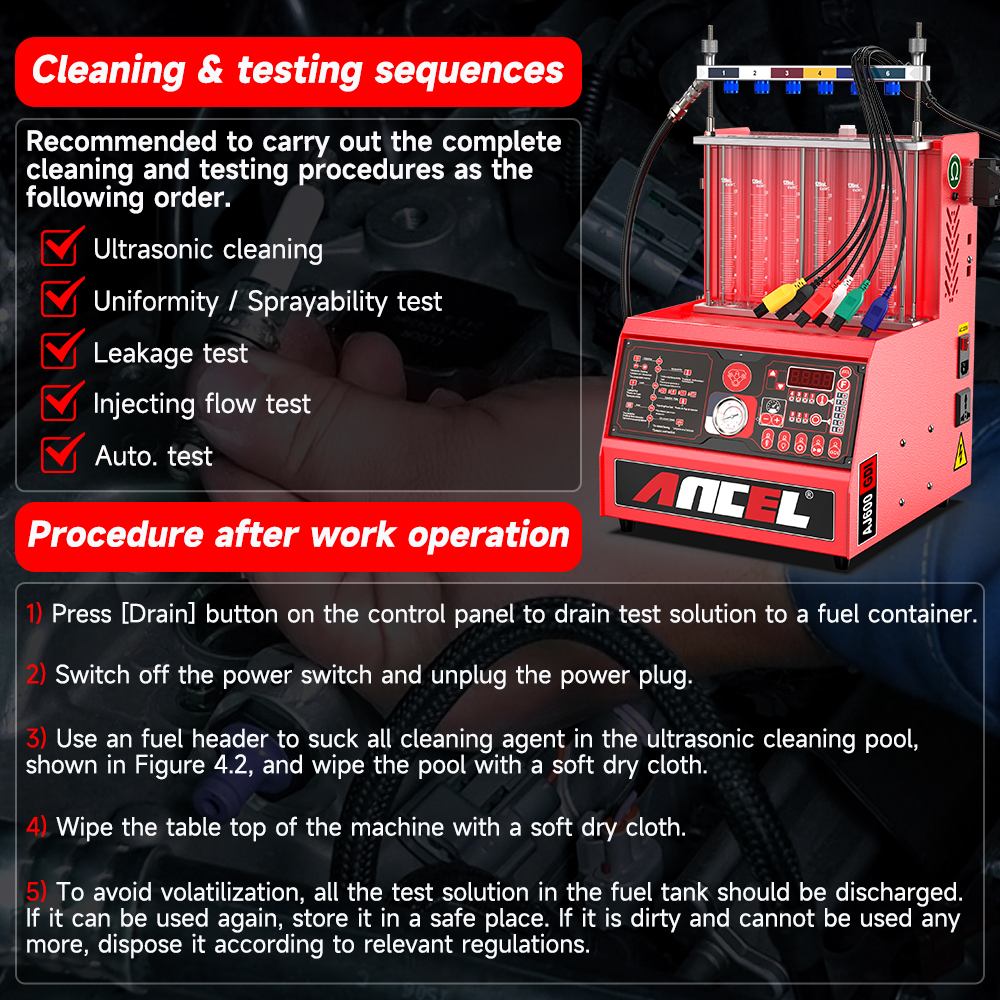 ANCEL AJ600 GDI Fuel Injector Cleaner Fuel Injector Tester for Gasoline Car 6 Cylinders for 110V/220V