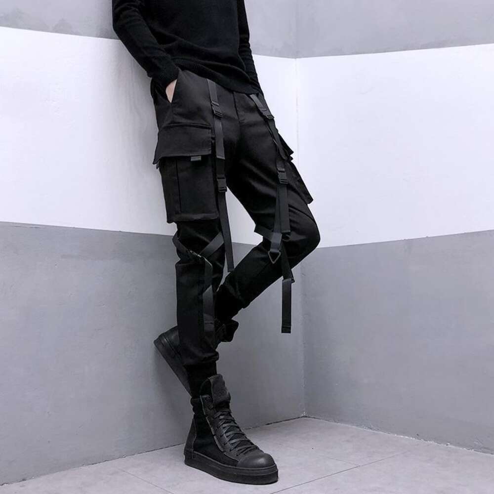 HOUZHOU Techwear Black Pants for Men Cargo Trousers Male Japanese Streetwear Hip Hop Spring Ribbon Pocket Haruku Fashion M522 32