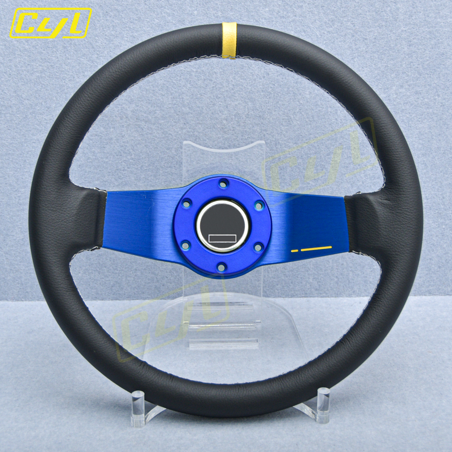 JDM Universal 13inch 2 Spoke SP Steering Wheel Deep Dish Leather Racing Sports Steering Wheel Blue Spoke