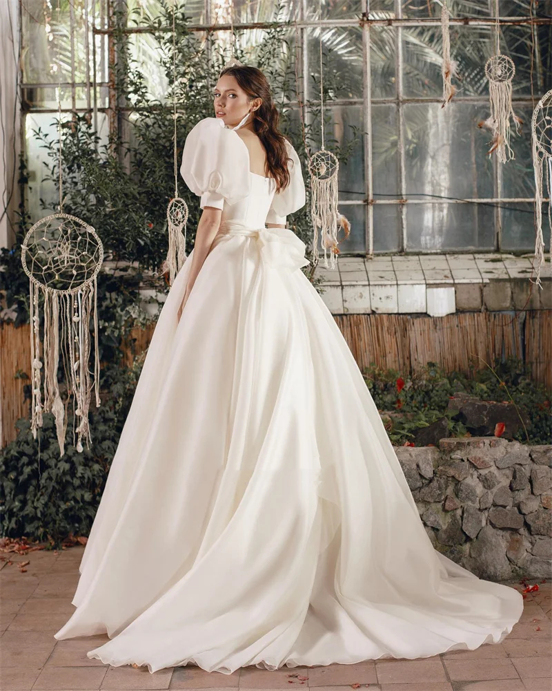 Fashion Square Neck A-Line Beach Wedding Dresses Short Puff Sleeves Court Train Elegant Bridal Gowns Custom Made Vestido De Noiva