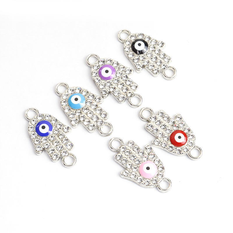 10pcs Rhinestones lnlaid Hamsa Hand Evil Eye Design Enamel Connectors Turkish Style Double Hanging Pendant For DIY Lucky Jewelry