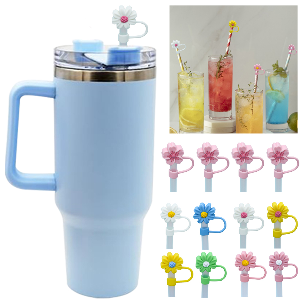 Straw Cover Cap For Stanley Cup Silicone Cute Flower Straw Topper Compatible with 30&40Oz Tumbler Dust-Proof Straw Caps