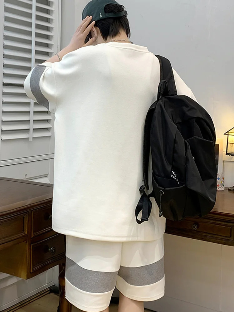 Waffle suit mens summer youth student short sleeved shorts high street trendy casual sports twopiece set 240518