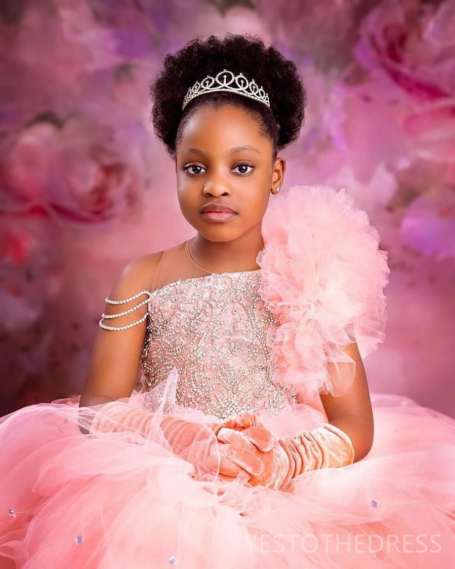 2024 Aso Ebi Pink Flower Girl Dresses Birthday Party Dress Illusion Sheer Neck Rhinestones Beaded Tiered Tulle Bow Beading Decorated Princess Gown For