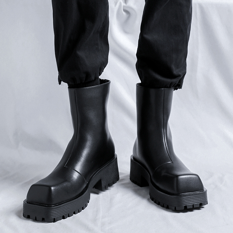 Soled Thick Platform Designer Square Head Soft Leather Boots Fashion Trends Mens Street High Top Shoes f43c
