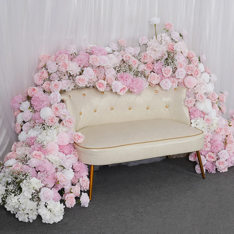Pink White 5D Rose Hydrangea Babysbreath Wedding Backdrop Arch KT Board Decor Floral Arrangement Table Sofa Runner Event Props