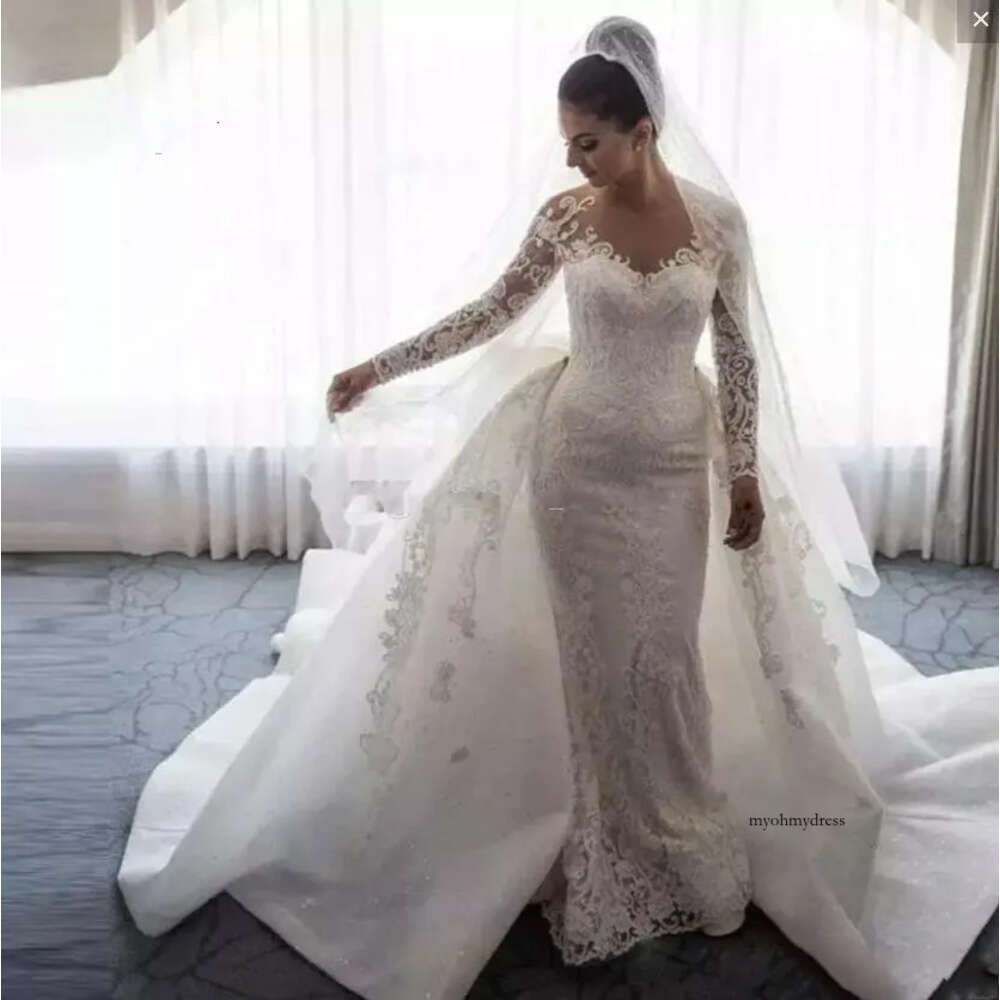 Sexy Lace Mermaid Sheer Neck Long Sleeves Appliques Wedding Dresses With Detachable Train Bridal Gowns 0522