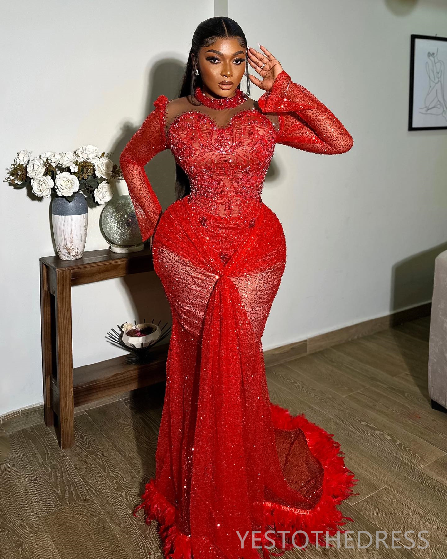 2024 Plus Size Aso Ebi Prom Dresses Illusion Long Sleeves Promdress High Neck Feathered Mermaid Sequined Lace Beaded Lace Birthday Dress Second Recept