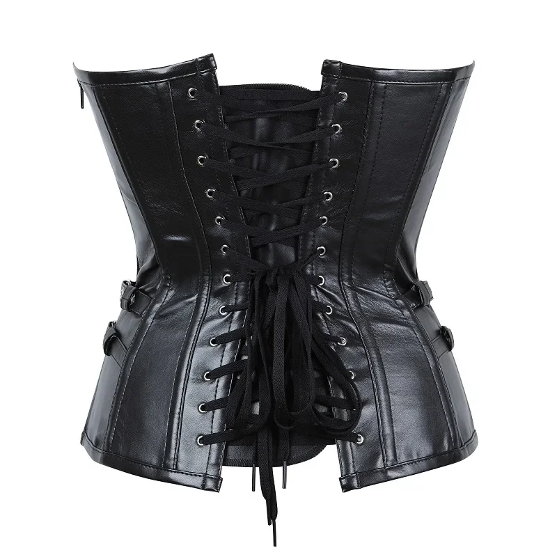 Steampunk Corsets And Bustiers Black Plus Size Leather Vintage Corset Overbust Steel Bone Spiral Tops Chain Gothic zipper Pirate