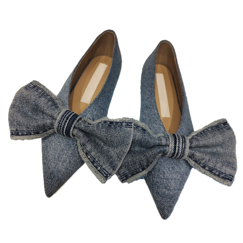 Designer 2023 dbb1b New Blue jeans flat shoes woman cloth patchwork flats sewing Pointed large bow denim loafers for women s