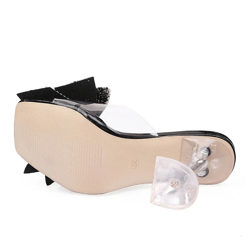 New 2024 Fashion Sier Crystal Bow Knot Shoes Womens Transparent Mule Slide Summer High Heel Sandals 240517