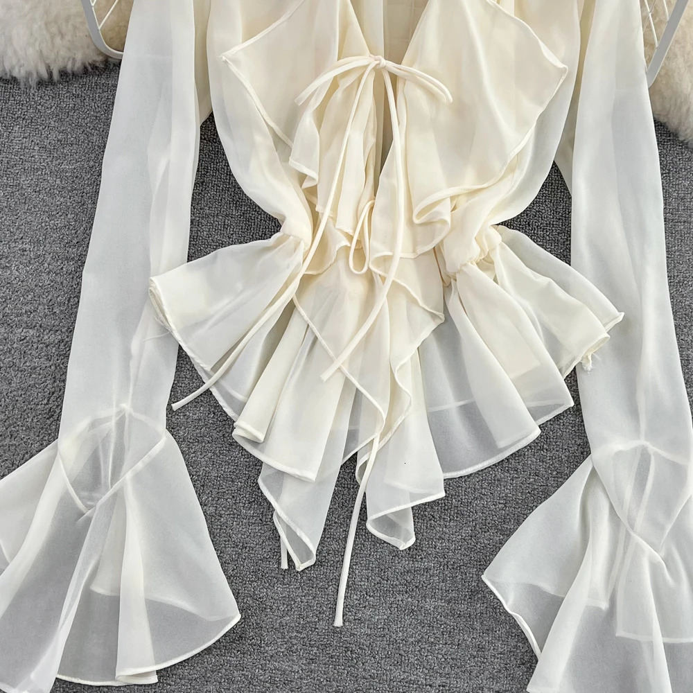 Mesh Tie Up Crop Tops Women Long Flare Sleeve V Neck Ruffle Tops and Blouse Summer See Through Sexy Casual Shirts Female 240518