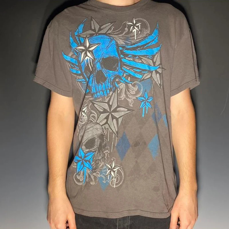 Cyber Y2k Mall Goth Mens T-shirt 2000s Retro Punk Hip Hop Short Sleeve Tee Harajuku Grunge Skull Graphic Tops Women Clothes 240521