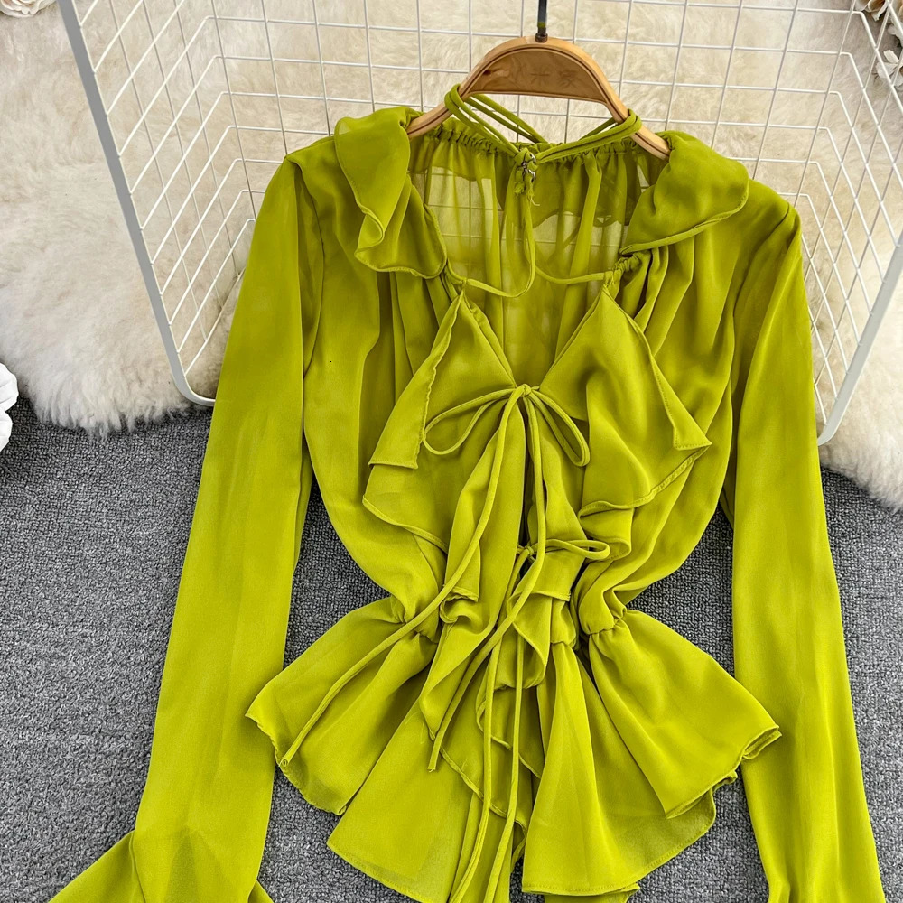 Mesh Tie Up Crop Tops Women Long Flare Sleeve V Neck Ruffle Tops and Blouse Summer See Through Sexy Casual Shirts Female 240518