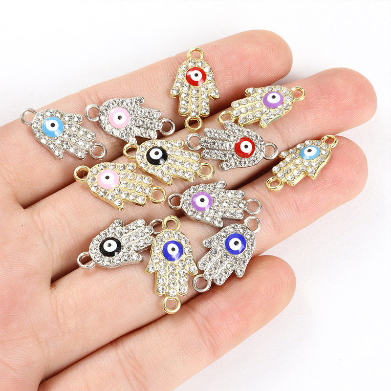 10pcs Rhinestones lnlaid Hamsa Hand Evil Eye Design Enamel Connectors Turkish Style Double Hanging Pendant For DIY Lucky Jewelry