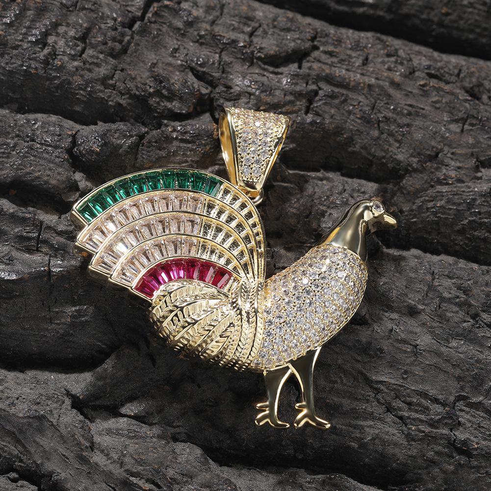 Hip Hop Rooster Cock Pendant Necklace 5A T Zircon Real Gold Plated Mens Jewelry