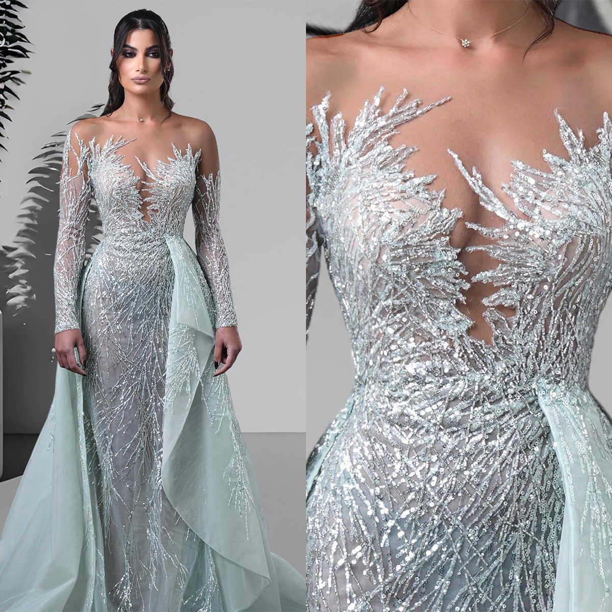 Sparkly Mermaid Wedding Dresses Sequins Lace Designer Tulle Detachable Train Sleeves Illusion Bodice Custom Made Plus Size Bridal Gown Vestidos De Nov