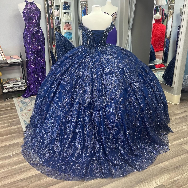Navy Blue Princess Off The Shoulder Quinceanera Dresses Beads Crystal Ball Gown Part Prom Wear Lace Up Sweet 16 Vestidos 15 De XV Anos 0220