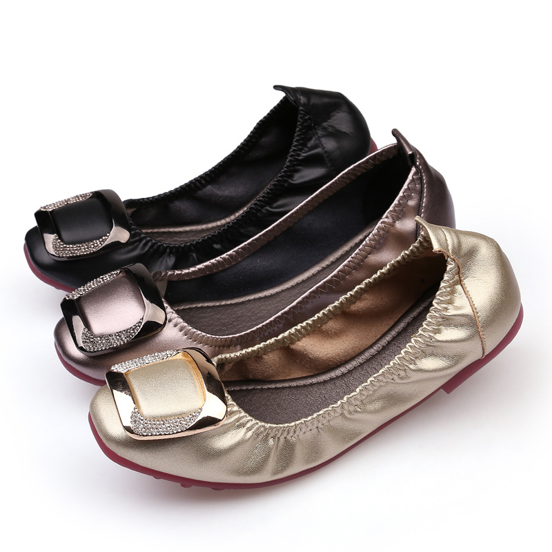 Roll-Up Flats Crystal Square Metal Buckle Foldable Ballet Flats Women Shoes Ballerina Cozy Soft Bottom Moccasins Plus Size 35-41