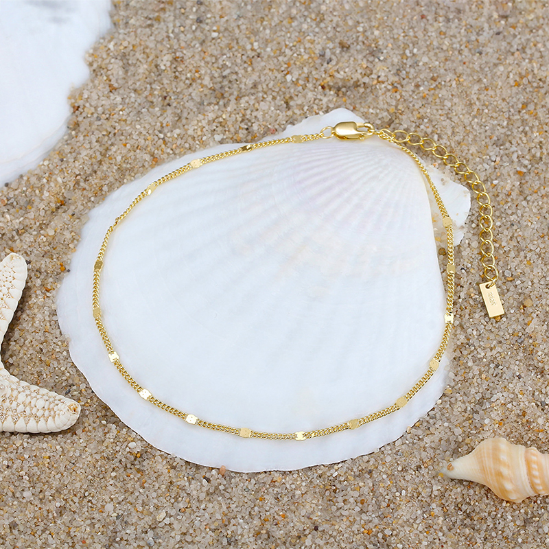 Metiseko 925 Sterling Silver Plating 14K Gold Anklet Foot Bracelet Double-Layer Chain Anklet for Women Girls Summer Beach Party
