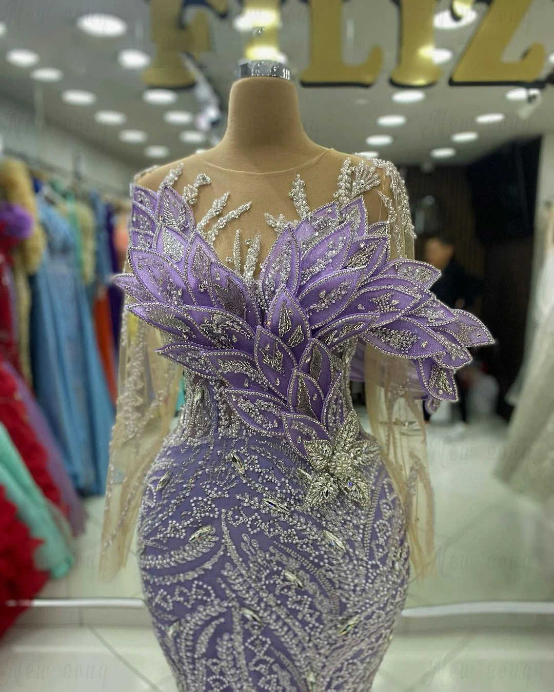 Luxury Prom Dresses Mermaid 3D Appliques Beads Crystals Sequins Tulle Lace Sleeves Sweep Train Custom Made Plus Size Party Evening Dress Vestido De No