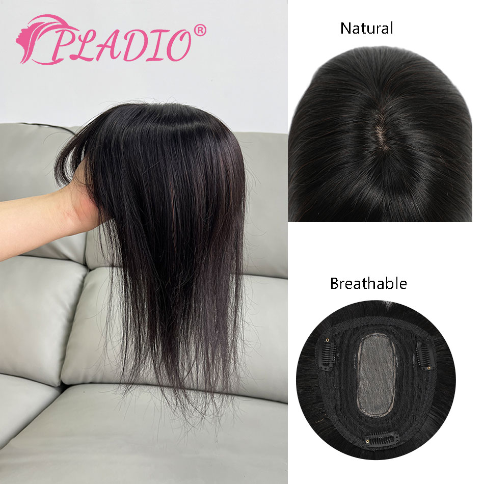PLADIO 13*12cm 10" 12" 14" Topper Hair Piece with Bangs 100% Real Remy Human Hair Topper for Women With Thin Hair