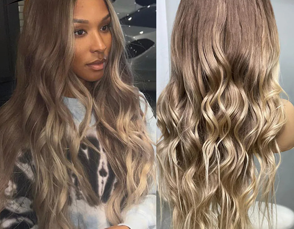 Ash Blonde Highlight Brazilian Hair Wigs Ombre Brown Transparent HD Lace Frontal Wigs Body Wave Human Hair Wigs WIth Dark Roots 150% Diva1