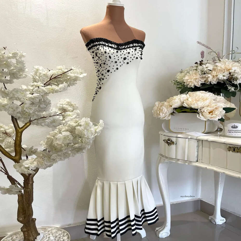 Elegant White Mermaid Prom Dress 2024 Satin Beads Strapless Long Evening Dresses Sexy Formal Party Gowns Vestidos De Noche 0522