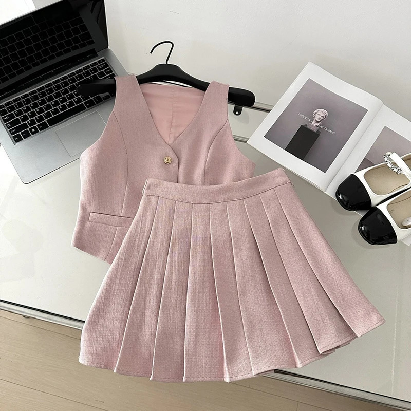 Small Fragrant Summer Elegant 2 Piece Sets Vintage V Neck Sleeveless Vest Womens Office Lady High Waist Pleated Aline Skirts 240522