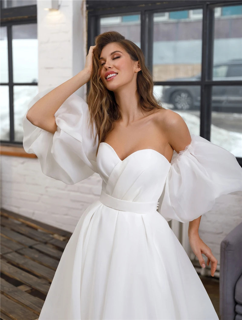 Romantic Organza Wedding Dresses Detachable Puff Sleeves Elegant Sweet A-line Bridal Dress Simple Long Princess Wedding Gowns Vestido de Noiva