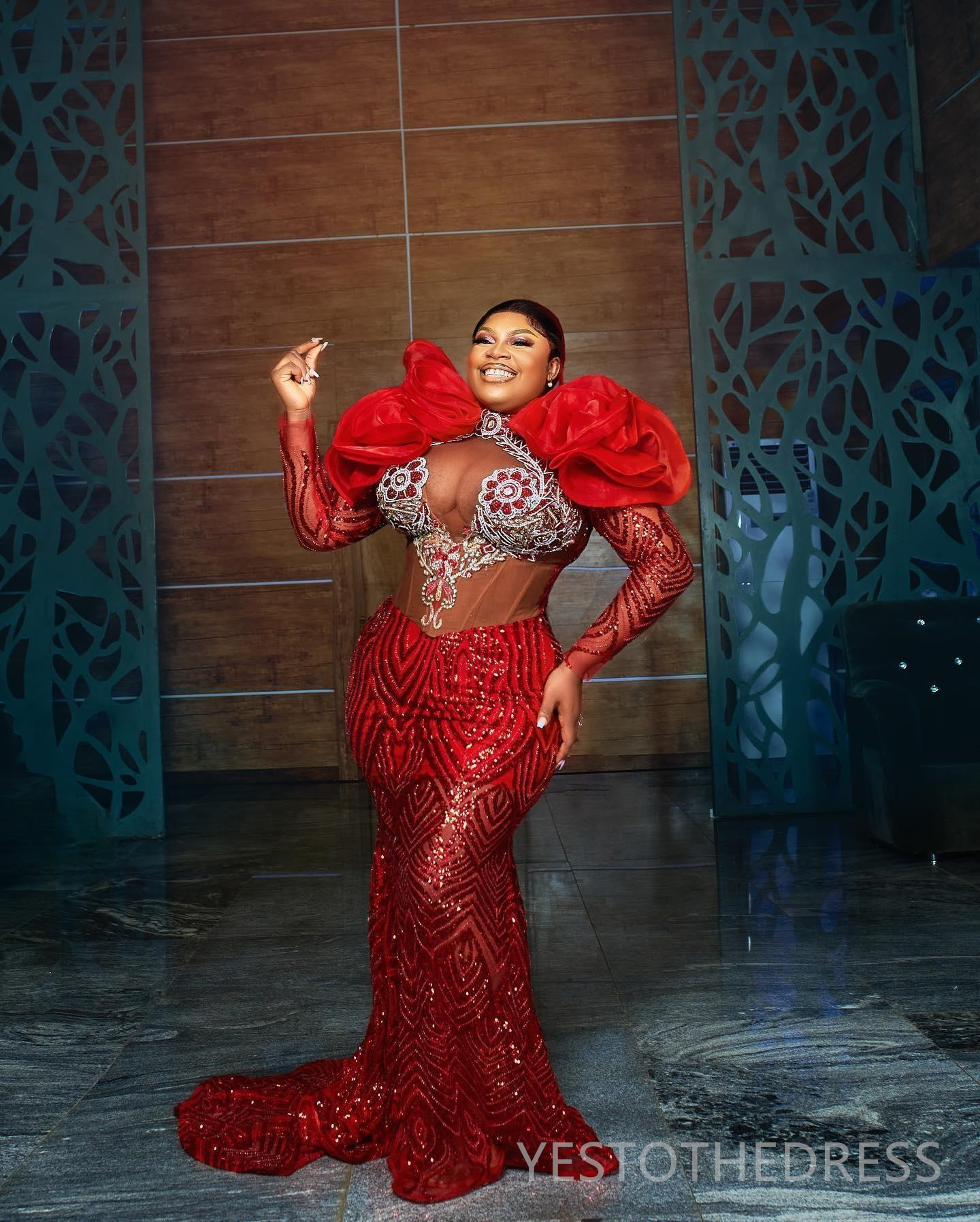 R&W 2024 Plus Size Aso Ebi Prom Dresses for Special Ocns Illusion Promdress Long Sleeves Mermaid Appliqued Beaded Lace Birthday Dress Second Reception