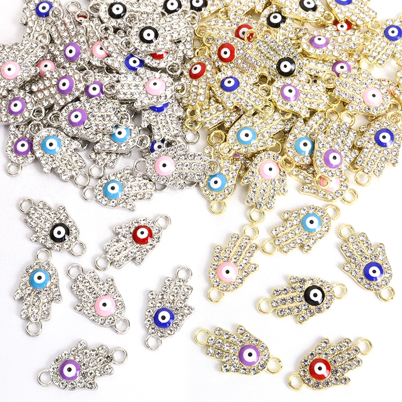 10pcs Rhinestones lnlaid Hamsa Hand Evil Eye Design Enamel Connectors Turkish Style Double Hanging Pendant For DIY Lucky Jewelry