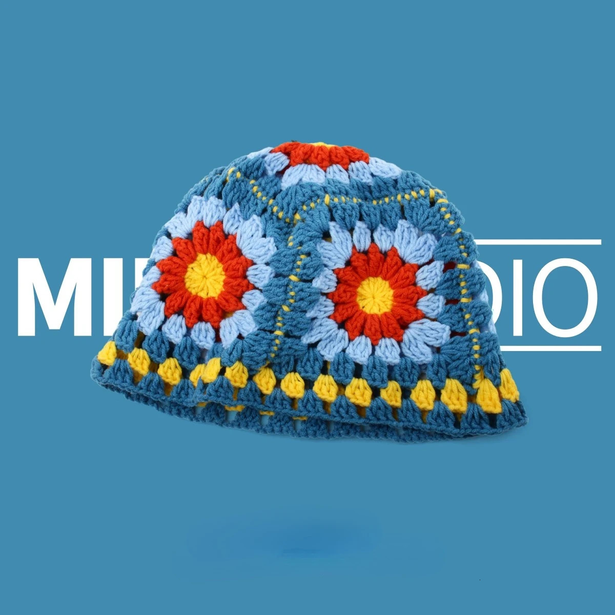 Cute Dopamine Wind Japanese Handmade Crochet Knitted Bucket Hat Rainbow Rhombus Plaid Wool Bucket Winter Basin Hat Bucket Hat 240507