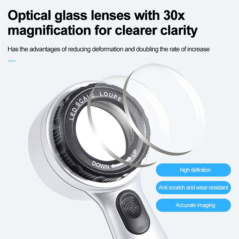 30X Handheld Illuminated Magnifier USB Rechargeable Magnifying Glass with 12 LED Four-color Light Jewelry Watch Reading Loupe