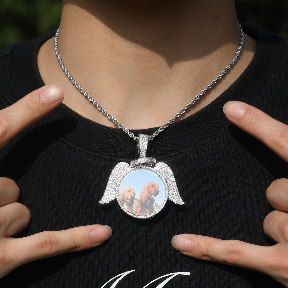 Personalized Angel Wing Pendant Jewelry for Photos - Hip Hop Design with Sparkly 5A CZ Stones