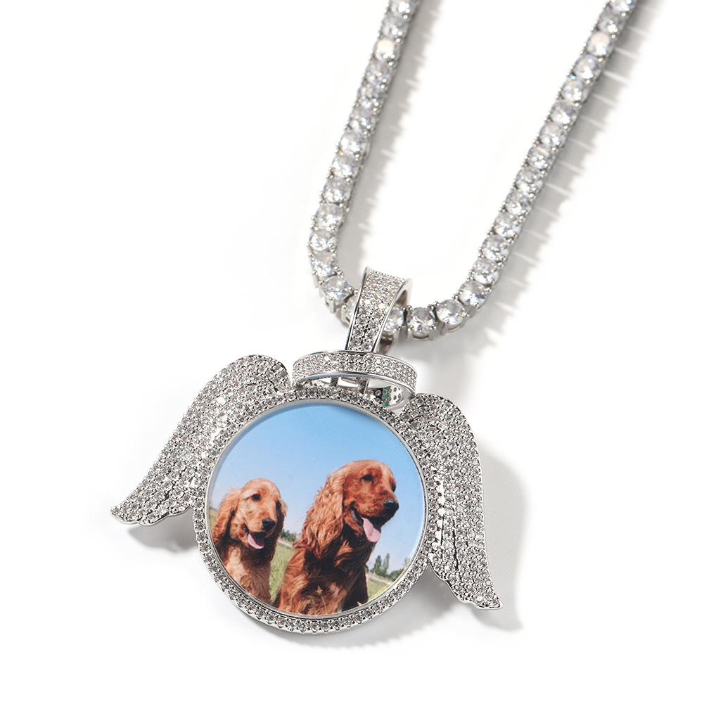 Personalized Angel Wing Pendant Jewelry for Photos - Hip Hop Design with Sparkly 5A CZ Stones