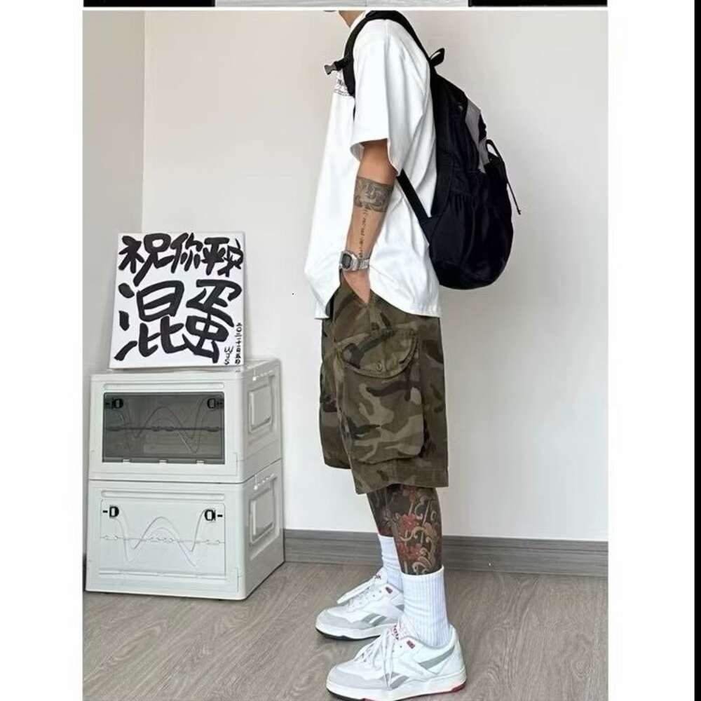 Trendy Shangton men's summer drawstring all cotton capris fashionable work clothes with multiple pockets, washed camouflage short M522 31 ddmymar