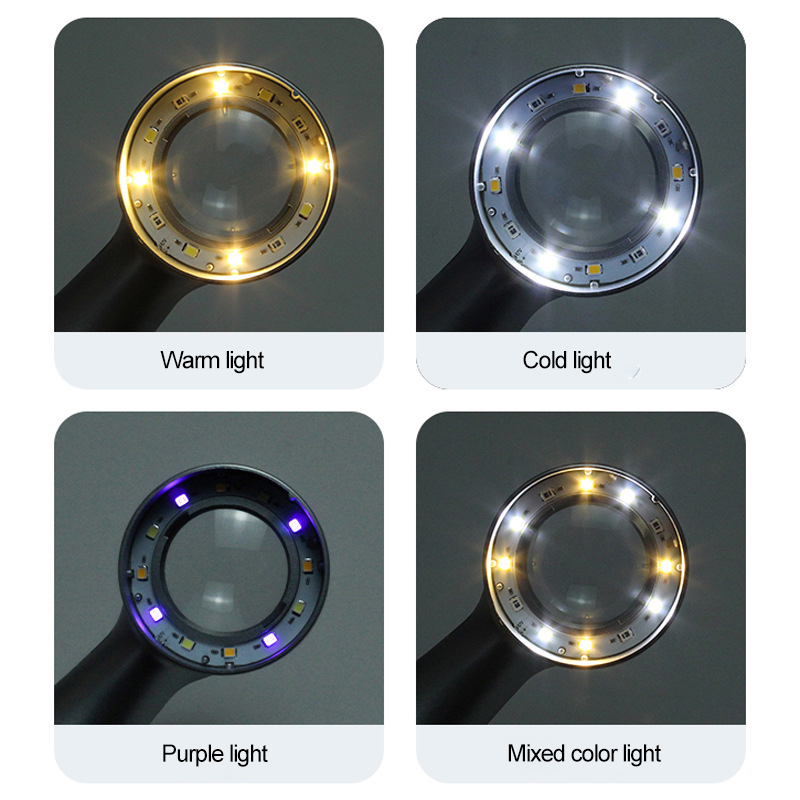 30X Handheld Illuminated Magnifier USB Rechargeable Magnifying Glass with 12 LED Four-color Light Jewelry Watch Reading Loupe