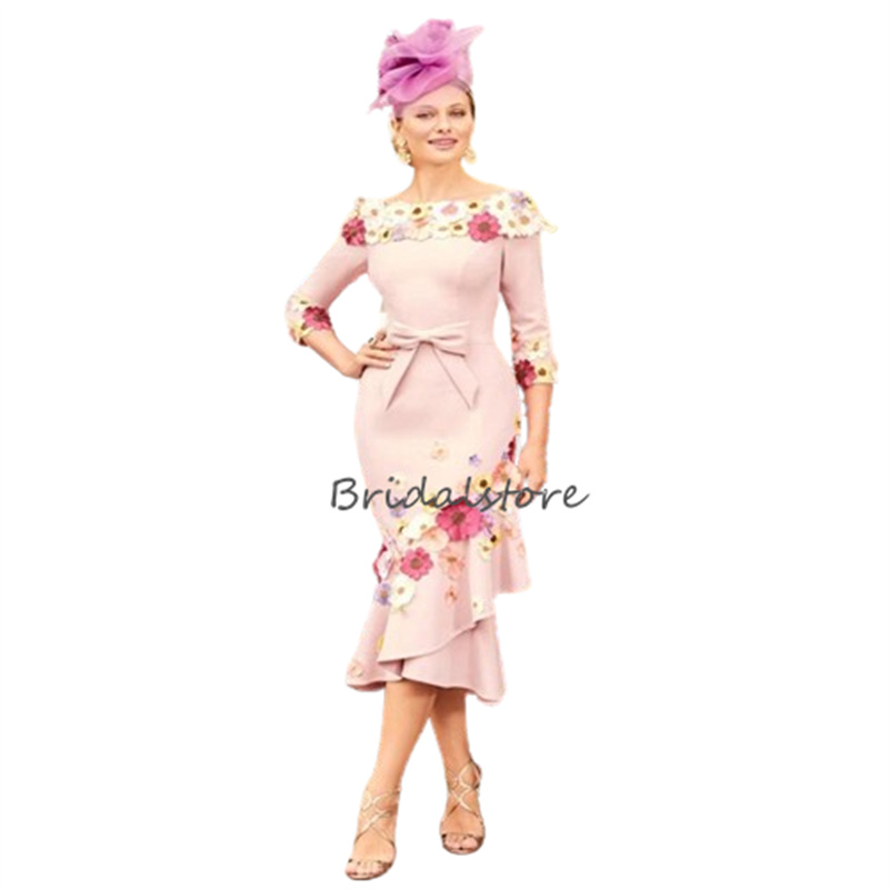 Pink 3D Floral Mother Of Bride Dresses 2024 Mermaid Tea Length Colorful Flowers Wedding Guest Gown With Sleeve Mother's Party Wear Evening Dress 
