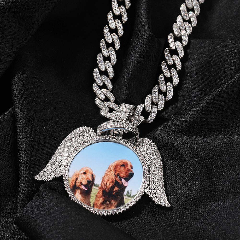 Personalized Angel Wing Pendant Jewelry for Photos - Hip Hop Design with Sparkly 5A CZ Stones