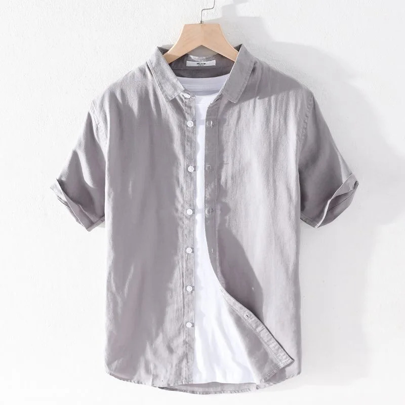 High Quality Cotton Linen Mens Summer Fashion Shirt Solid Color Simple Casual Short Sleeve Blouses Basic Thin Breathable Tops 240506 8a