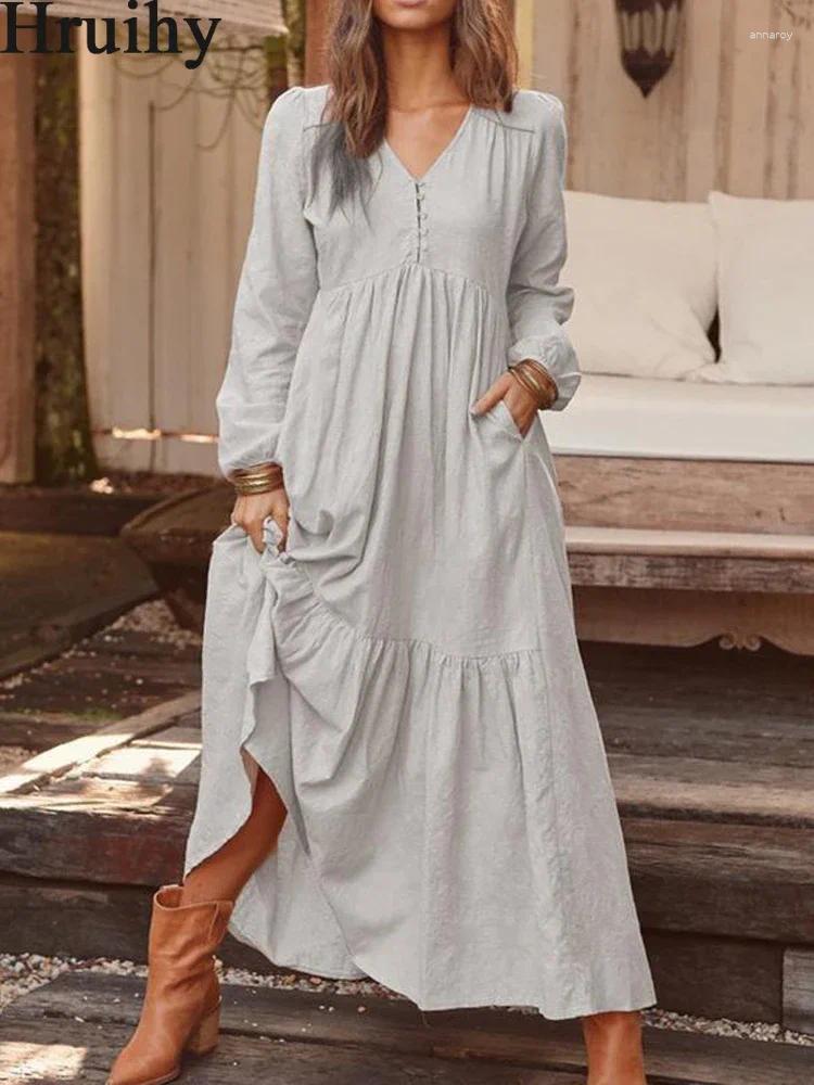 Casual Dresses Dress For Women 2024 Spring Fall V Neck A Line Long Sleeve Clothing Female Plus Size Solid Elegant Cotton Linen