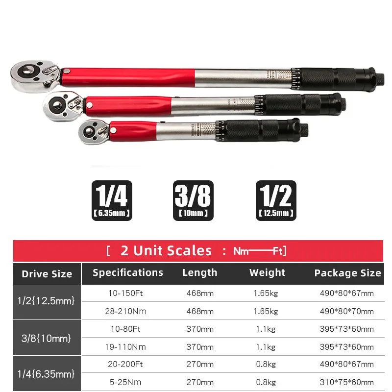 5-210N.m Torque Wrench 1/2'' 3/8'' 1/4'' Drive Click Preset Bicycle Torques Key Two-way Ratchet Car Bike Automotive Hand