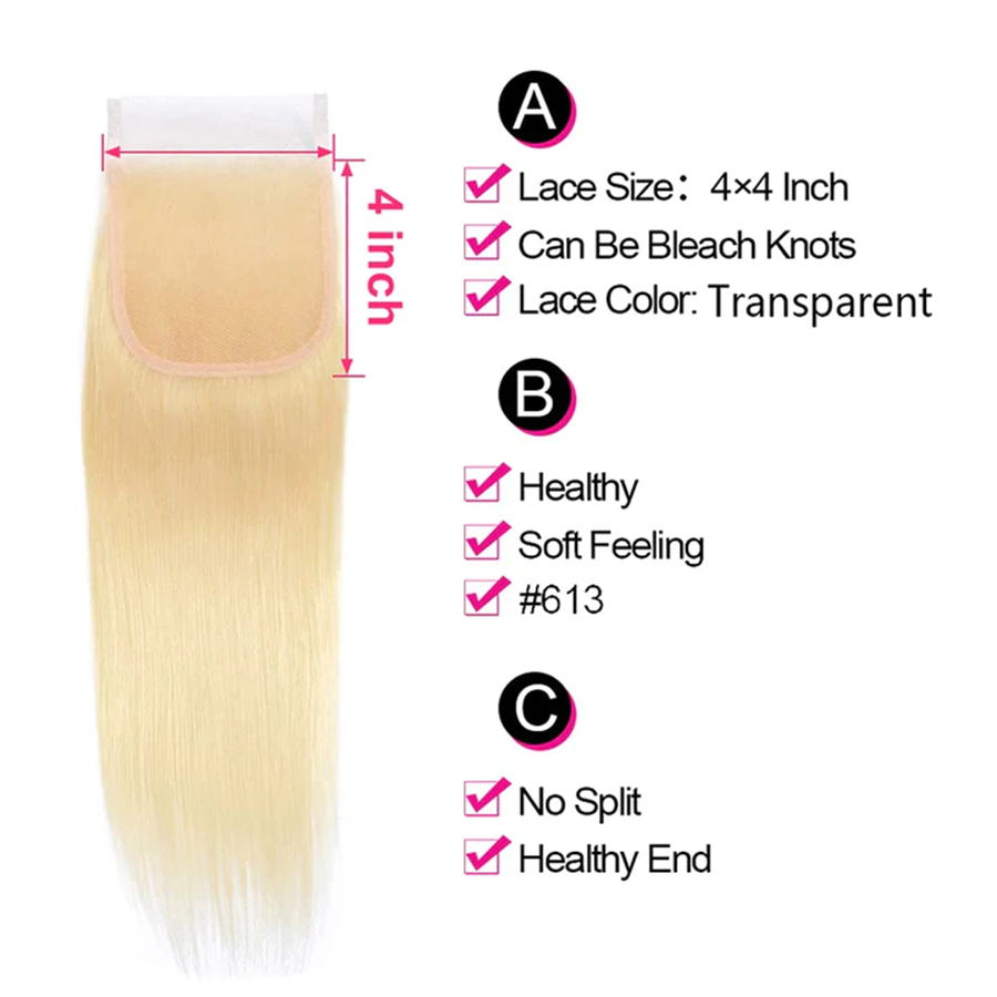 613 Honey Blonde 4x4 Lace Closure Straight Human Hair Closure Pre-Plucked Brazilian Virgin Hair Natural Hairline