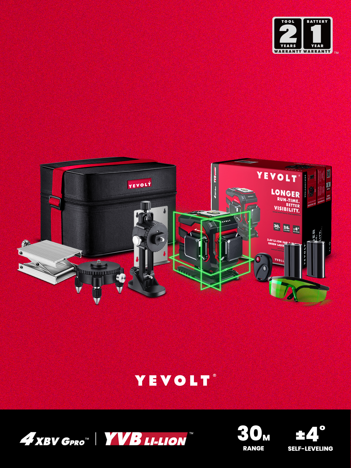 YEVOLT YVGLL4XS12TB2DP 3-Plane Green Beam Laser Level Kit 360 3D 12-Line Ground Line All Day Work Self-Leveling Measuring Tools