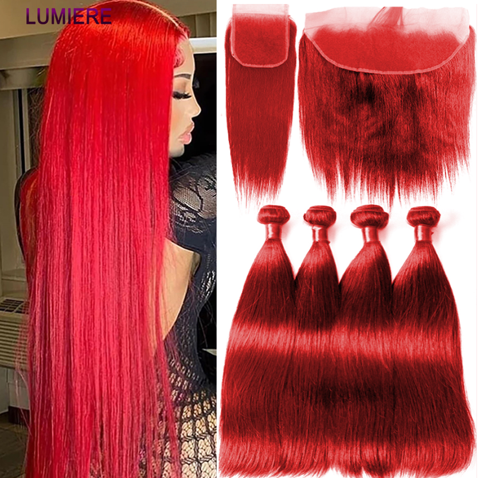 Hot Red Ombre Colored Bone Straight Human Hair Bundles With HD Lace Frontal Closure With 3 4 Bundles Bundle Hair Weave Extension