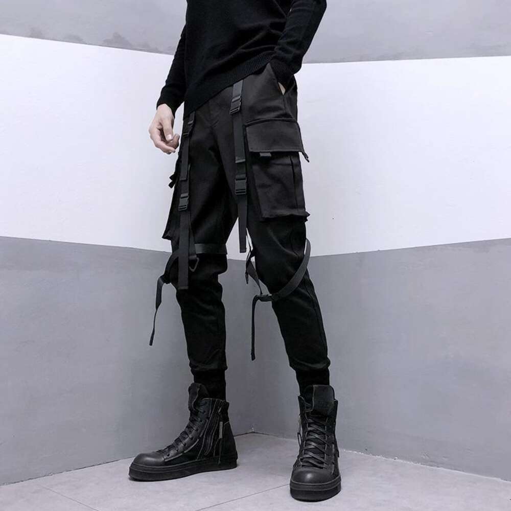 HOUZHOU Techwear Black Pants for Men Cargo Trousers Male Japanese Streetwear Hip Hop Spring Ribbon Pocket Haruku Fashion M522 32