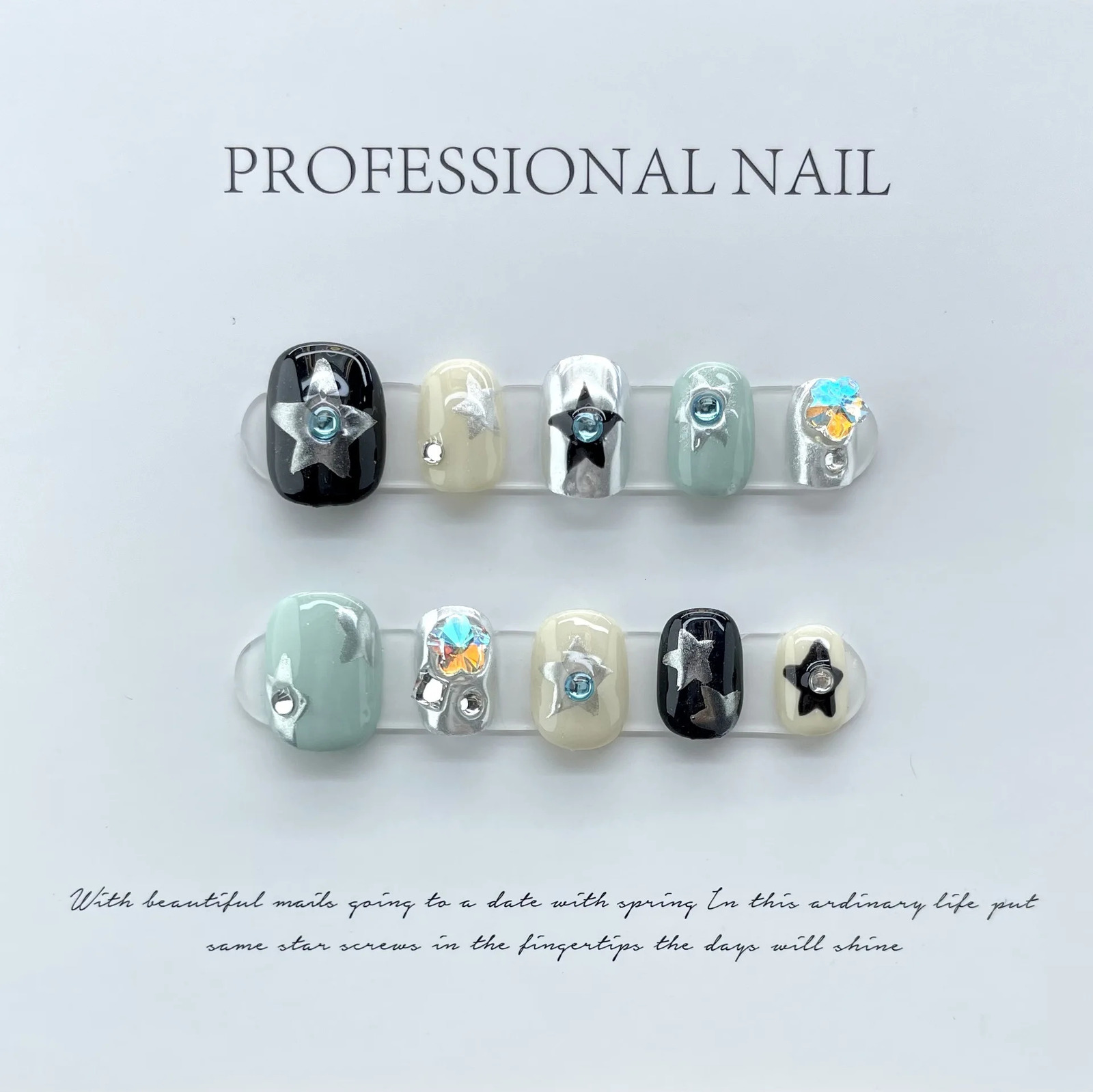 10Pcs Handmade Kawaii Press on Nails Short Korean Cute Star Reusable Adhesive False Nails Acrylic Nail Tips Nail Art Y2k Girls 240522