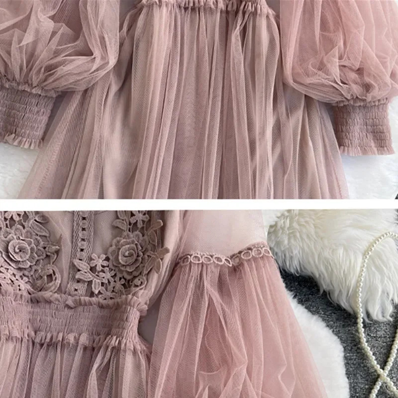Dress Women French Lace Flower Dress Gauze Lantern Sleeve Voile Long Dress Female Retro Hook Princess Dress 2 Piece Set 240518