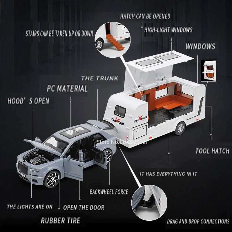 Diecast Model Cars 1/32 Rolls Royce Cullinan RV Car Model Alloy Diecast Off-road Vehicle Toy With Sound and Light Camping Car Model For Boys Gifts